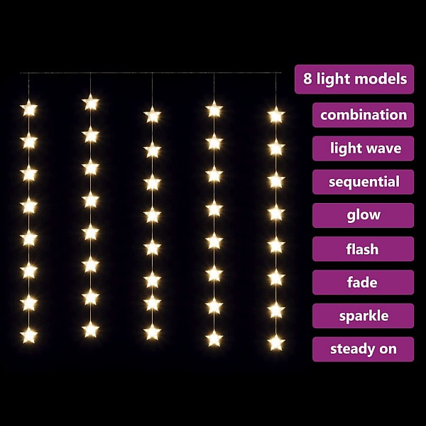 LED lampiņu aizkars, 200 LED, silti balts, 8 funkcijas