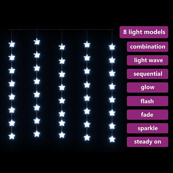 LED lampiņu aizkars, 200 LED, vēsi balts, 8 funkcijas