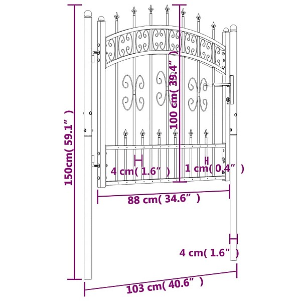 dārza vārti ar pīķiem, melni, 103x150 cm, pulverkrāsots tērauds