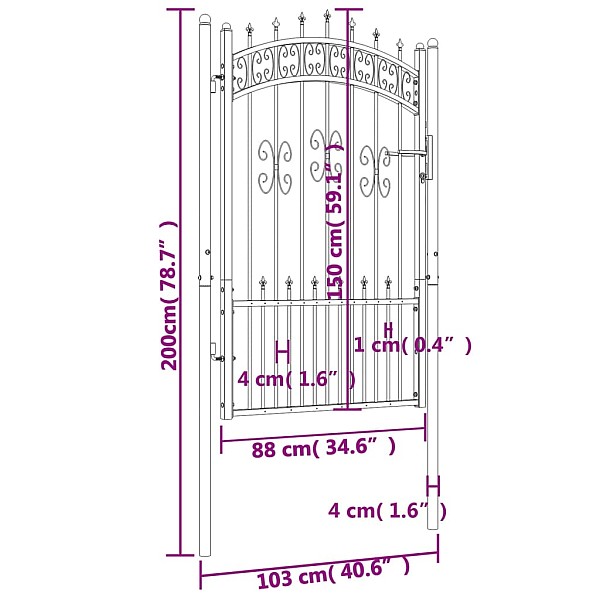 dārza vārti ar pīķiem, melni, 103x200 cm, pulverkrāsots tērauds