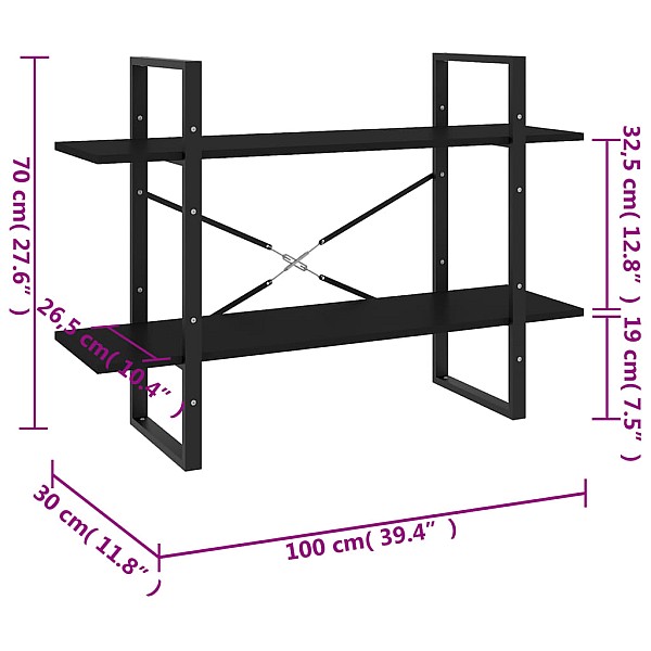 2-līmeņu grāmatu plaukts, melns, 100x30x70cm, inženierijas koks