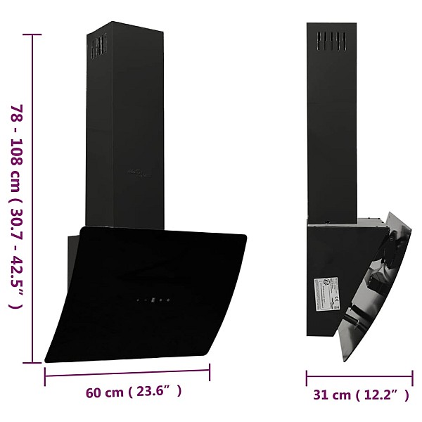 tvaika nosūcējs, 60 cm, tērauds, rūdīts stikls, melns