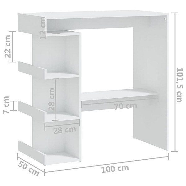 bāra galds ar plauktu, balts, 100x50x101,5cm, inženierijas koks