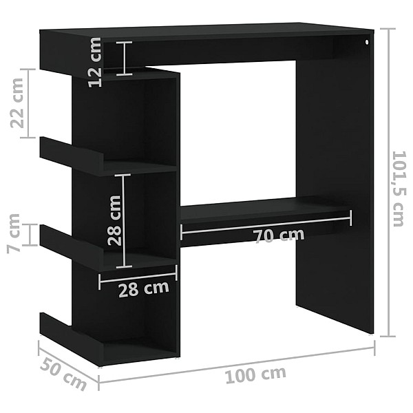 bāra galds ar plauktu, melns, 100x50x101,5cm, inženierijas koks