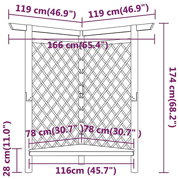 stūra pergola ar soliņu, 166x81x174 cm, impregnēts priedes koks