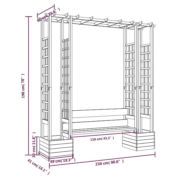 dārza pergola ar solu un puķu kastēm, impregnēts priedes koks