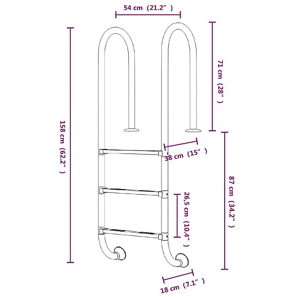 baseina kāpnes, 54x38x158 cm, nerūsējošs tērauds, 304. klase