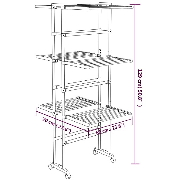 veļas žāvētājs ar riteņiem, 3 līmeņi, sudrabains, 60x70x129 cm