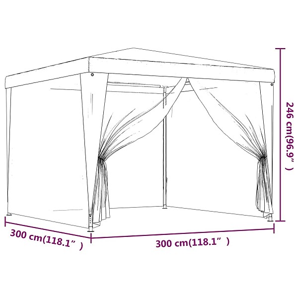 svinību telts, ar 4 sieta sienām, 3x3 m, pelēka, HDPE