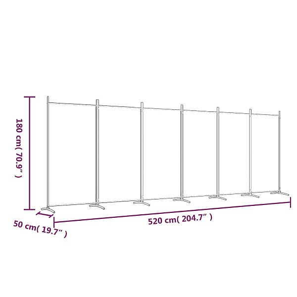 6-paneļu istabas aizslietnis, 520x180 cm, balts audums