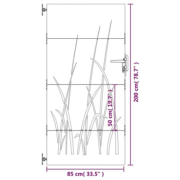 dārza vārti, 85x200 cm, tērauds ar rūsas efektu, zāles dizains
