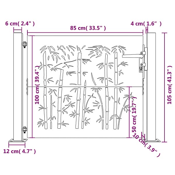 dārza vārti, 105x105 cm, tērauds, rūsas efekts, bambusa dizains