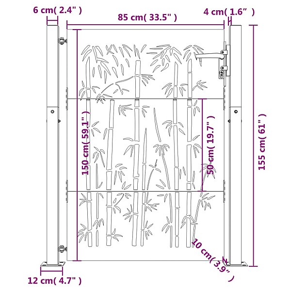 dārza vārti, 105x155 cm, tērauds, rūsas efekts, bambusa dizains