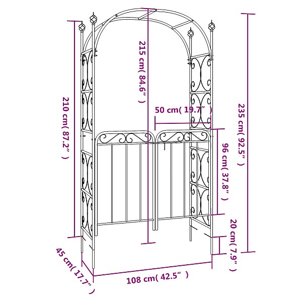 dārza arka ar vārtiem, melna, 108x45x235 cm, tērauds