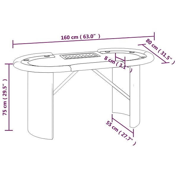 pokera galds ar žetonu trauku, 10 personām, 160x80x75 cm