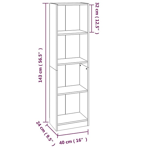 4-līmeņu grāmatplaukts, pelēks, 40x24x143 cm, inženierijas koks