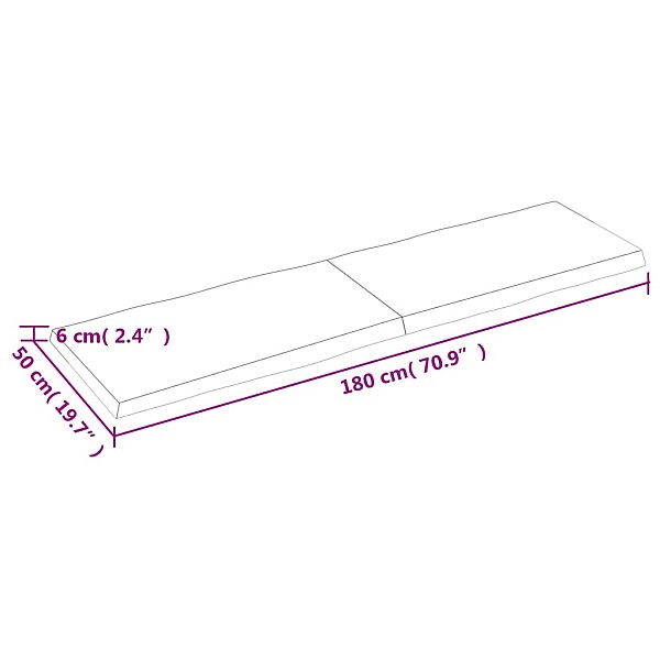 galda virsma, 180x50x(2-6) cm, neapstrādāts ozola masīvkoks