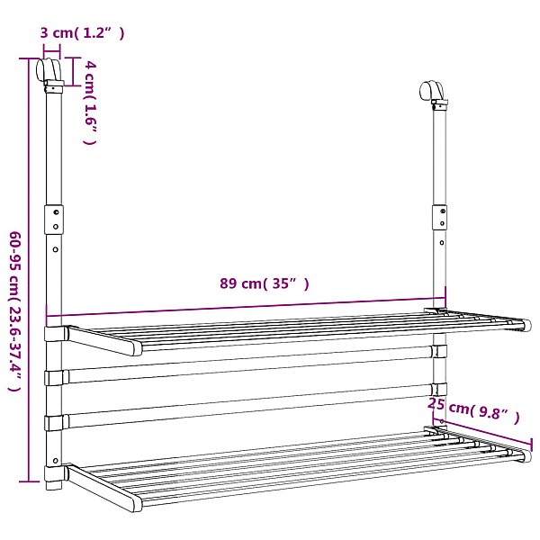 žāvēšanas statīvs balkonam, 89x25x(60-95) cm, alumīnijs
