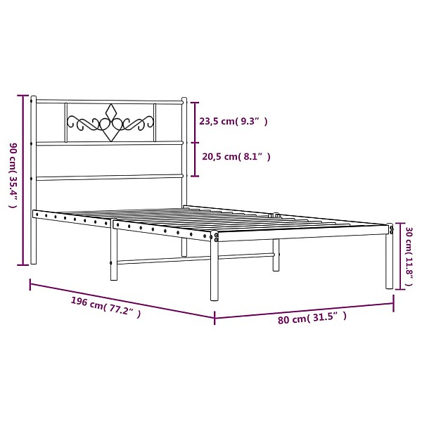 gultas rāmis ar galvgali, balts metāls, 75x190 cm