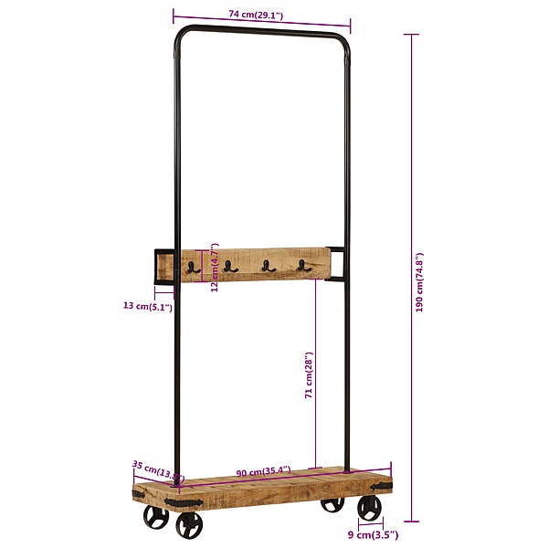 drēbju pakaramais ar riteņiem, 90x35x190 cm, mango koks, dzelzs