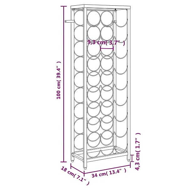 vīna pudeļu plaukts 27 pudelēm, 34x18x100 cm, kalta dzelzs