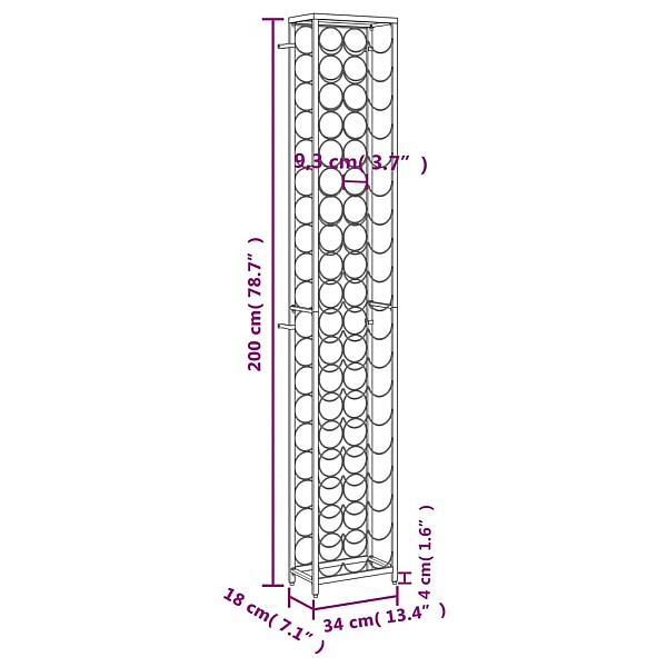 vīna pudeļu plaukts 57 pudelēm, 34x18x200 cm, kalta dzelzs