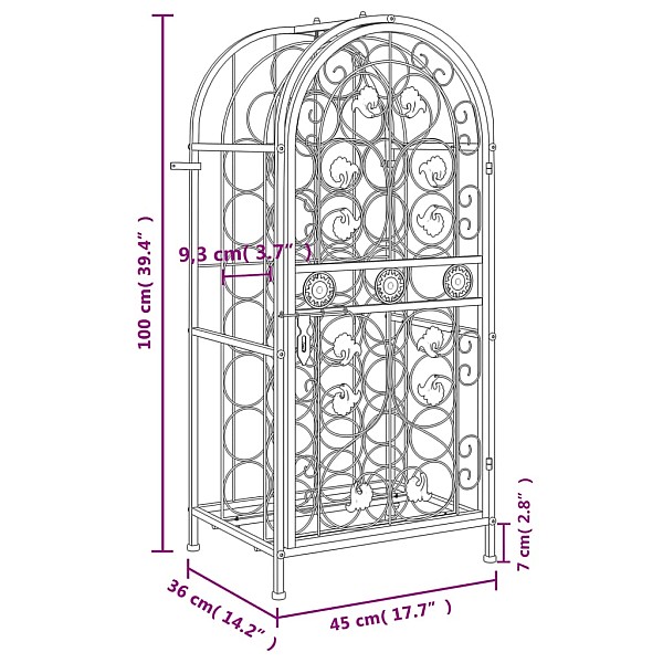 vīna pudeļu plaukts 33 pudelēm, 45x36x100 cm, melna dzelzs