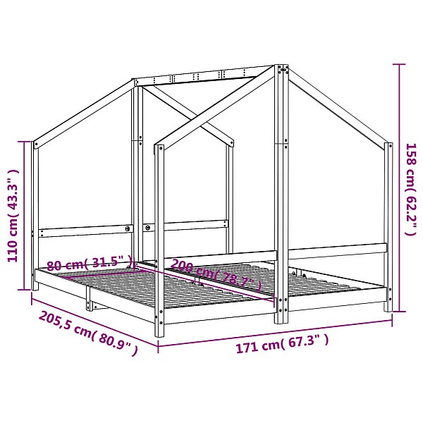 bērnu gultas rāmis, balts, 2x(80x200) cm, priedes masīvkoks