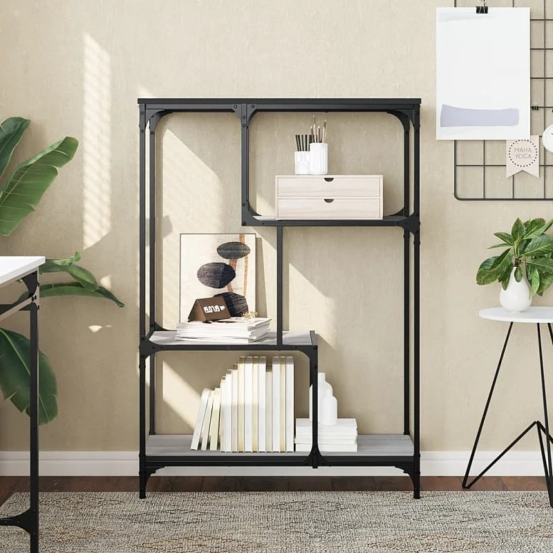 grāmatplaukts, pelēks, 81x36x115 cm, inženierijas koks, tērauds