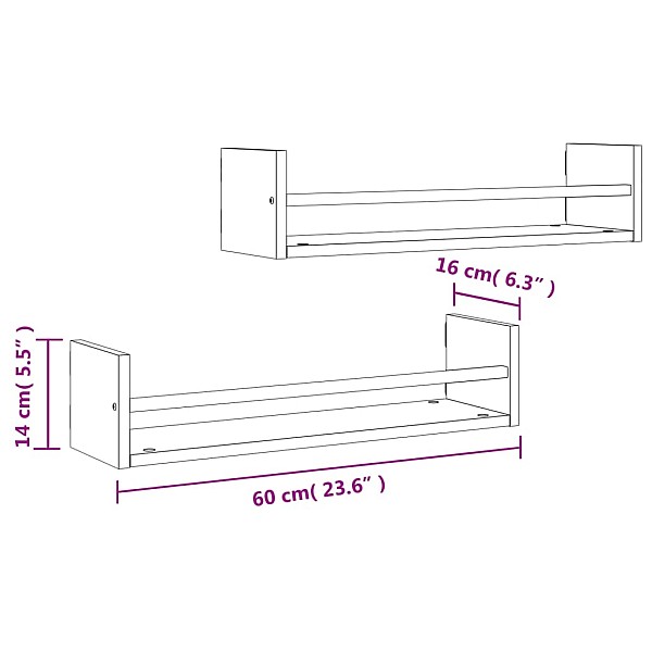 sienas plaukti ar stieņiem, 2 gab., pelēki, 60x16x14 cm