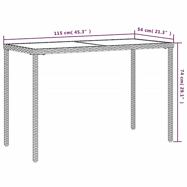 dārza galds, stikla virsma, pelēks, 115x54x74cm, PE rotangpalma