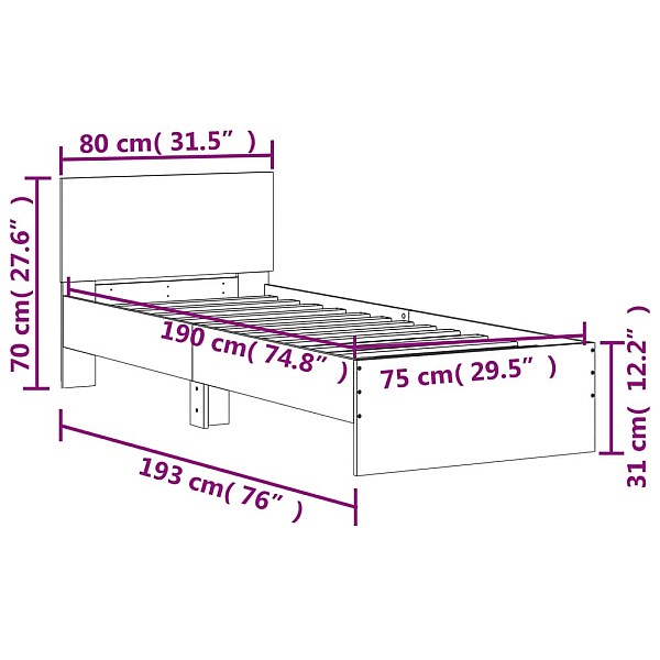 gultas rāmis ar galvgali, brūns, 75x190 cm, inženierijas koks