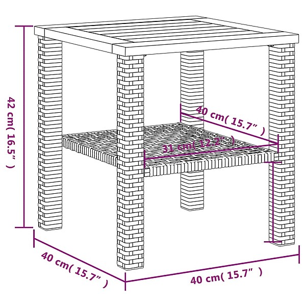 dārza galds, 40x40x42 cm, pelēka PE rotangpalma, akācijas koks