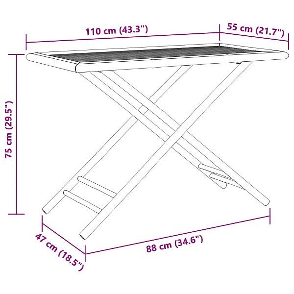 saliekams dārza galds, 110x55x75 cm, bambuss