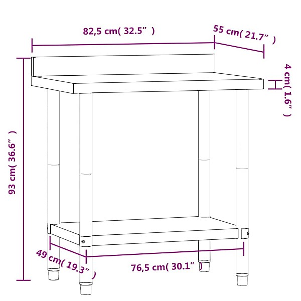 virtuves darba galds, 82,5x55x93 cm, nerūsējošs tērauds