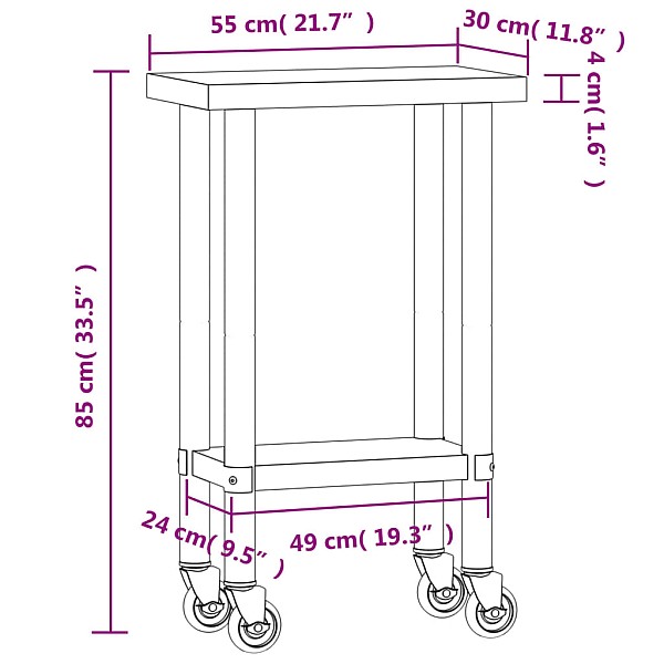 virtuves darba galds, riteņi, 55x30x85 cm, nerūsējošs tērauds