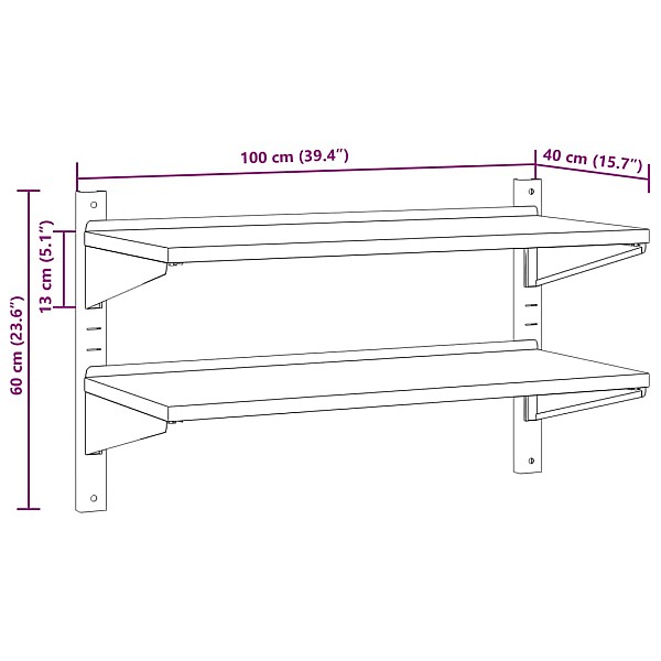 2 līmeņu sienas plaukts, 100x40x60 cm, sudrabains, tērauds