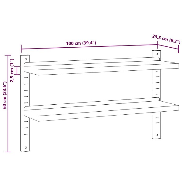 2 līmeņu sienas plaukts, 100x23,5x60 cm, sudrabains, tērauds