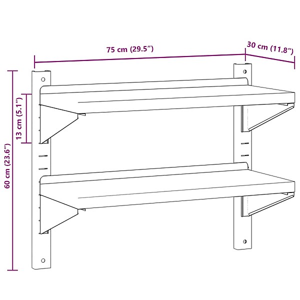 2 līmeņu sienas plaukts, 75x30x60 cm, sudrabains, tērauds