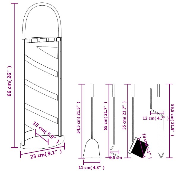 5-daļīgs kamīna instrumentu komplekts, 23x15x66 cm, tērauds