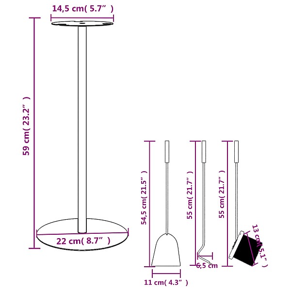 4-daļīgs kamīna instrumentu komplekts, 22x59 cm, tērauds