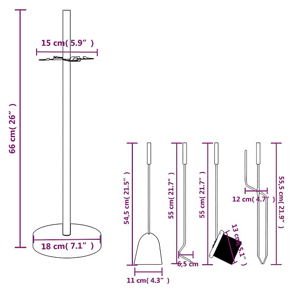 5-daļīgs kamīna instrumentu komplekts, 18x66 cm, tērauds