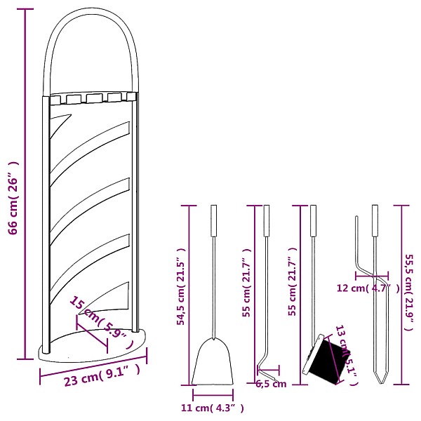 5-daļīgs kamīna instrumentu komplekts, 23x15x66 cm, tērauds