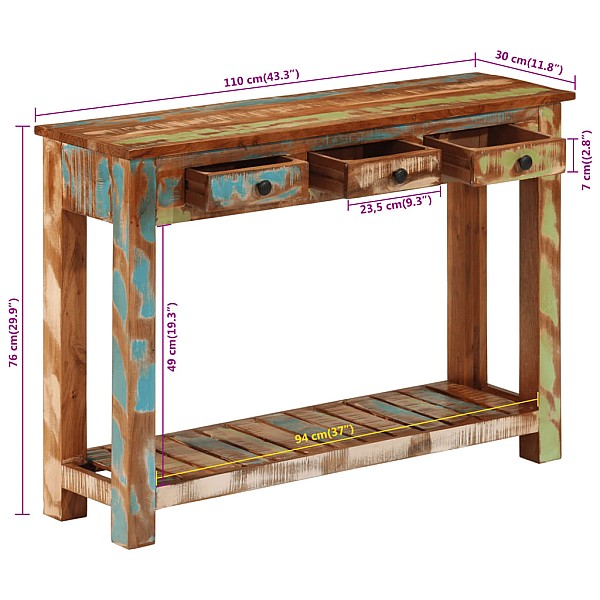 konsoles galds, 110x30x76 cm, pārstrādāts masīvkoks