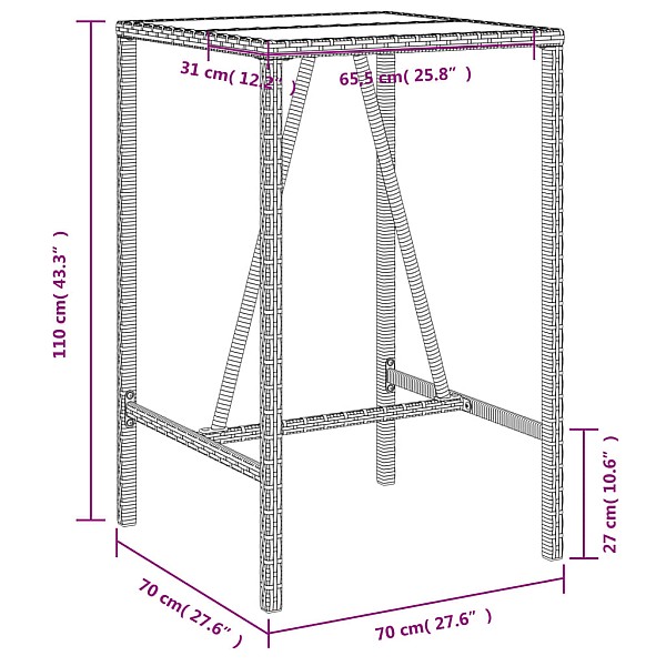 āra bāra galds, brūns, 70x70x110 cm, PE rotangpalma