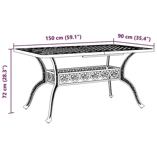 dārza galds, bronzas krāsa, 150x90x72 cm, liets alumīnijs