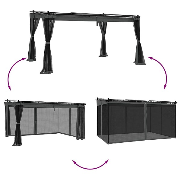 dārza nojume ar tīkla sienām, 4x3 m, tērauds, antracītpelēka