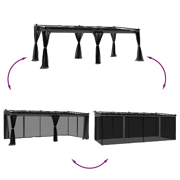 dārza nojume ar tīkla sienām, 6x3 m, tērauds, antracītpelēka