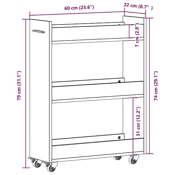 skapītis ar riteņiem, balts, 60x22x79 cm, inženierijas koks