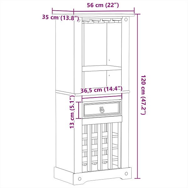 vīna plaukts Corona, 56x35x120 cm, priedes masīvkoks